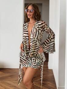 SHEIN ICON Gaun Mini Seksi Lengan Panjang Leher Kerah Motif Zebra untuk Wanita - MultiWarna - View 3