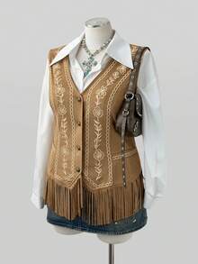 Sunspun Plus Size Western Vintage Print Fringe Suede Vest V-Neck Sleeveless Waist-Cinching Denim Style Jacket - Brown - View 6