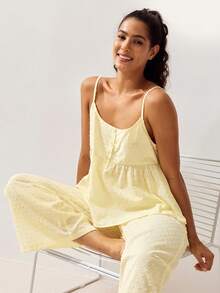 LUVLETTE Soft Airy Women's Yellow Summer Sweet Two-Piece Set - Double-Layered Ruffles & Polka Dots Adorable Breezy Home Wear - Yellow - View 11