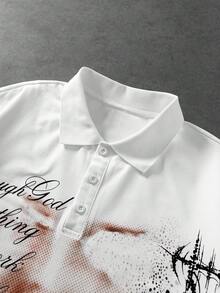 ROMWE MEN Street Life Men's Artistic Typography Portrait Print Streetwear Loose Fit Polo Shirt - White - View 2