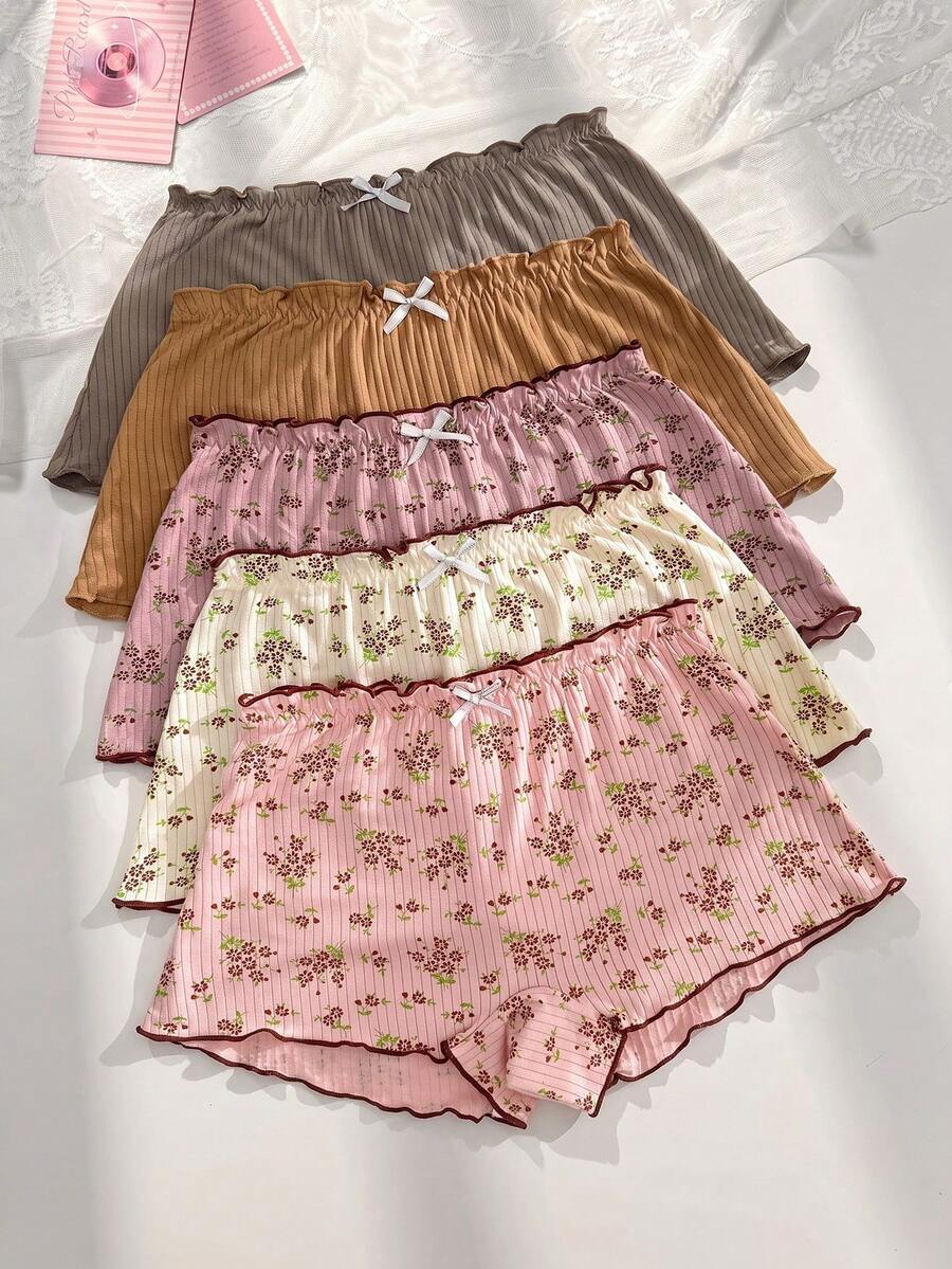 PetitDoll Quần boxer brief gân mềm vải rayon in hoa viền bèo thoải mái, gói 5 màu phối ngẫu nhiên - Nhiều màu - Xem 1