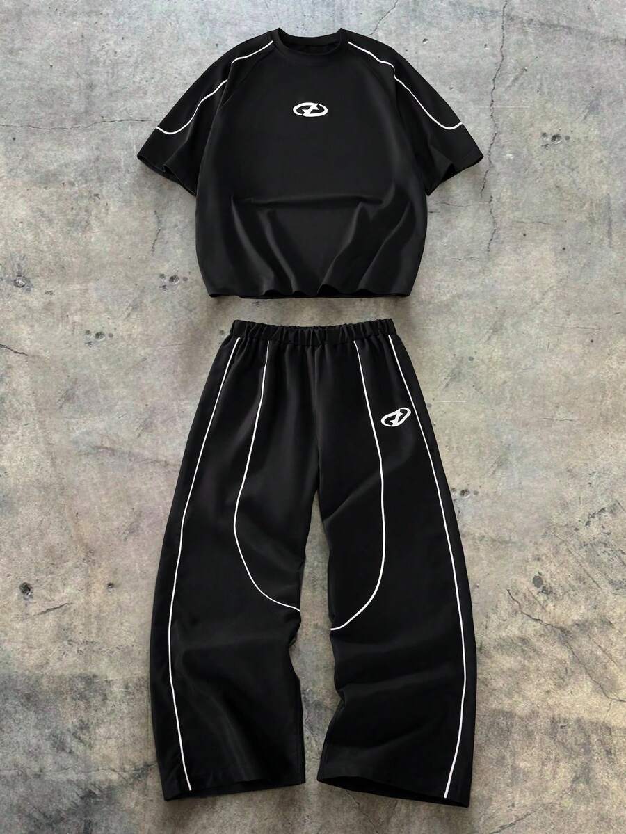 SHEIN 青少年男孩圓領休閒字母印花T恤與運動長褲套裝 - 黑色 - 查看 1