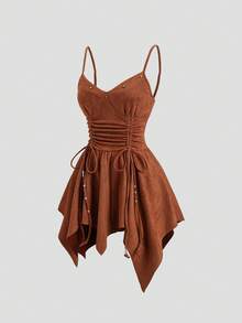 Sweetra Women's Spring Summer Autumn Spaghetti Strap Dress Ruched Waist Tie Detail Asymmetrical Hem Star Decor Slim Fit Shopping Night Out Going Out Dating - Rust Brown - View 7