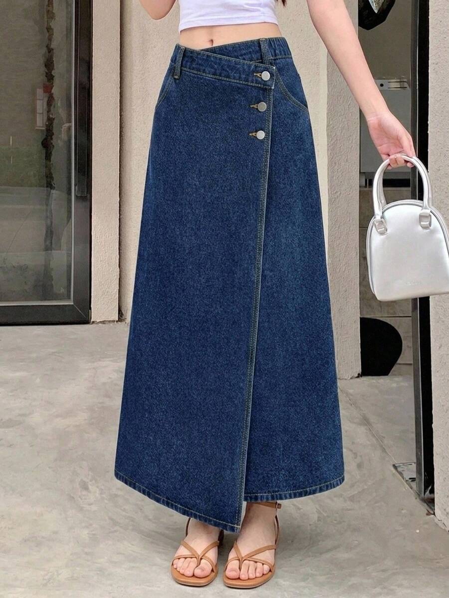 SHEIN Girlism Tween Girls Deep Blue Denim Asymmetrical Waist Loose Skirt Casual Fashion Creative Personalized Halloween Winter - Blue - View 1
