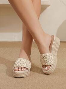 Styleloop Women's Platform Sandals, Upper Woven Straw Material Breathable And Empty Decoration, Bohemian Style, Holiday Atmosphere, Summer Wear, Travel - Apricot 15 - View 9