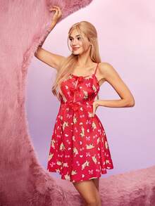 SCOOBY-DOO X SHEIN Women's Cartoon Printed Spaghetti Strap Sleeping Dress With Bow Decor - Red - View 4