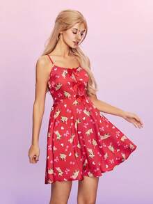 SCOOBY-DOO X SHEIN Women's Cartoon Printed Spaghetti Strap Sleeping Dress With Bow Decor - Red - View 8