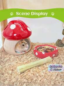 2 Buah Set Rumah dan Mangkuk Hamster Bentuk Jamur Keramik Lucu Warna Merah Anti Selip Tahan Lama untuk Hamster, Tikus, Gerbil Kerdil, Aksesori Dekorasi Kandang Hewan Peliharaan Kecil - View 1