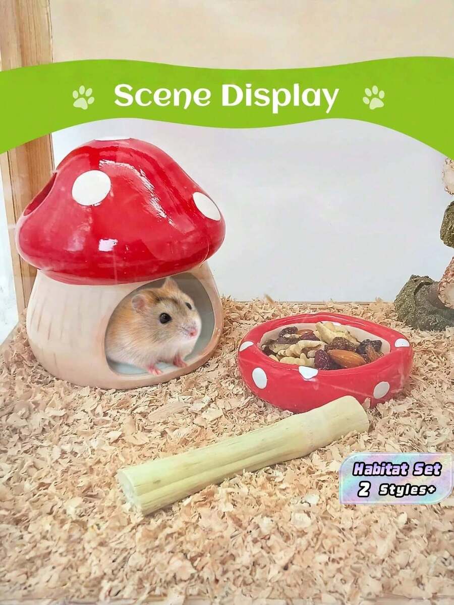 2 Buah Set Rumah dan Mangkuk Hamster Bentuk Jamur Keramik Lucu Warna Merah Anti Selip Tahan Lama untuk Hamster, Tikus, Gerbil Kerdil, Aksesori Dekorasi Kandang Hewan Peliharaan Kecil - View 1