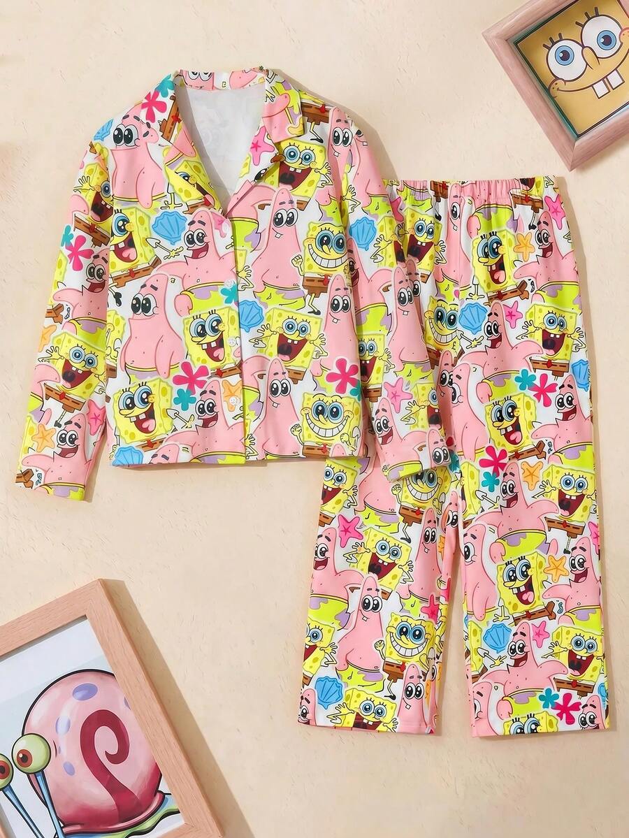 SpongeBob SquarePants | SHEIN Set Piyama Musim Gugur/Dingin untuk Anak Perempuan Remaja dengan Motif Kartun di Seluruh Permukaan, Atasan Lengan Panjang dengan Kancing Depan dan Celana - MultiWarna - View 1