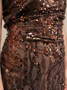 QUIZ Brown Sequin Halter Neck Draped Bodycon Maxi Dress With Side Split And Scarf Detail, One Shoulder Evening Dress, Formal Event Dress, Special Occasion Maxi Dress, Wedding Guest Dress, Party Dress For Women - Brown - View 4