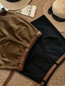 INAWLY Women's Black White Coffee Shorts Casual Commute Business 3 Pieces Set (Belt Not Included) - Multicolor - View 2