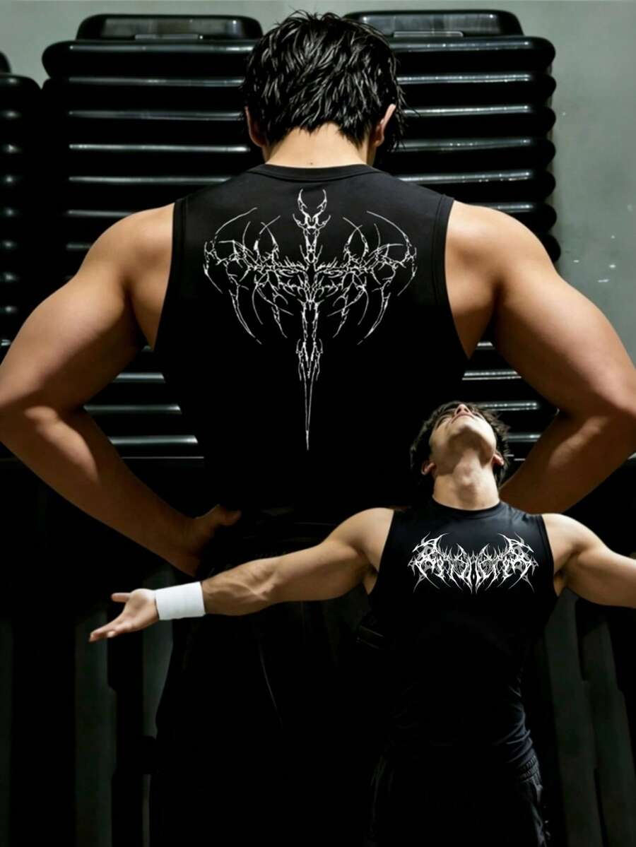 GymBeat Men's Gothic Athleisure Athletic Pattern Casual Daily Wear Sports T-Shirt Gym Workout Black Summer - Black - View 1