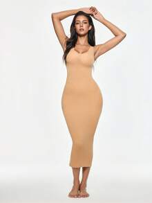 SHAPORA 女款純色無袖修身緊身洋裝 - 卡其色 - 查看 4
