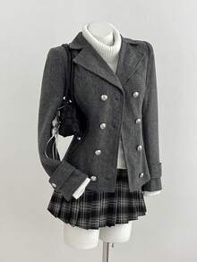 Elamini Women's Autumn/Winter Campus Style Cinched Waist Lapel Double-Breasted Mid-Length Grey Tweed Coat - Dark Grey - View 3