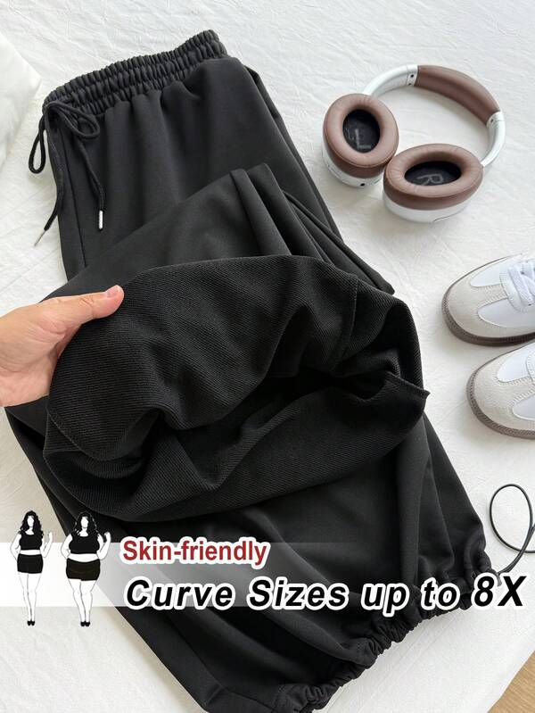 SHEIN CURVE+ Pantalones largos casuales y versátiles de unicolor con cintura de cordón para mujer de talla grande, para uso diario