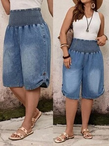EMERY ROSE EMERY ROSE Jeans de Mezclilla con Cintura Fruncida Casual de Verano Talla Grande - Azul - Ver 7