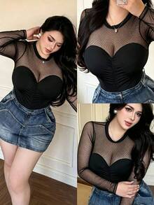 Vibekara Polka Dot Mesh 2 In 1 Top, Plus Size Ruched Waist Sheer Base Layer, Flocked Polka Dot Mesh Long Sleeve Top, 2 In 1 Bandeau Ruched Waist Slimming Sexy - Black - View 1