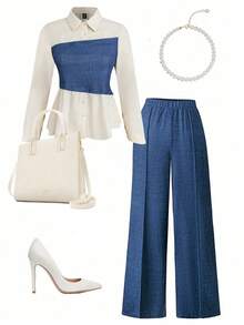 Rometta 2pcs Plus Size Solid Color Front Button Closure Long Sleeve Top And Pants Set Fall Cloth For Women - Blue - View 1