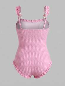 Swim Mod Novo Maiô Feminino Rosa Xadrez Texturizado com Alças de Contas, Acabamento com Babados, Ajuste Emagrecedor, Estilo Casual Praia Piscina Férias Minimalista Sexy - Rosa chiclete - Visão 12