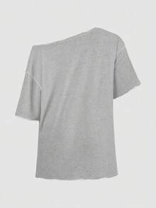 SHEIN EZwear 休閒極簡虎紋大肚印花露肩落肩短袖寬鬆女款T恤 - 淺灰色 - 查看 3
