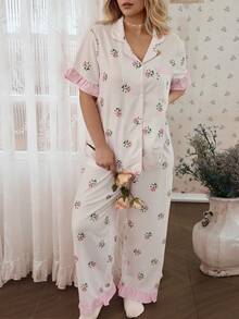 CottageSlumber Sweet Fresh Pink Ditsy Floral Plus Size Pajama Set, Ruffle Trim Cardigan 2 Pieces Loungewear - Pink - View 6