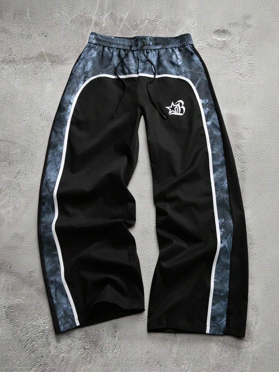 PAVTROS En's Wide Leg Printed Drawstring Waist Street Pants, Fall Wide Leg - Black - View 1