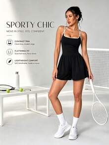 SHEIN 1pc Contrast Binding Cami Romper With Ruched Detail Crisscross Back Athletic Athleisure Sporty Style Gym Workout Black And White Summer - Black - View 3