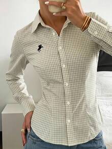 SHEIN EZwear 米色格紋編織長袖單排扣女款襯衫，適合返校季、教師節、商務、日常、學校、辦公室，秋季 70 年代經典學院風 - 杏色 - 查看 10