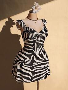 SHEIN ICON Women's Plus Size Zebra Print Tie-Up Ruffle Hem Dress - Apricot - View 5