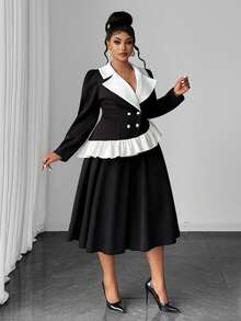 Maweii Plus Size Elegant Commuter Colorblock Patchwork Ruffle Double-Breasted Jacket & Skirt 2 Pieces Set - Black - View 6