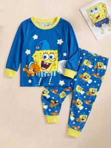 SpongeBob SquarePants | SHEIN 2件套男婴卡通图案圆领长袖上衣和裤子针织舒适休闲弹力睡衣套装 - 藍色 - 查看 1