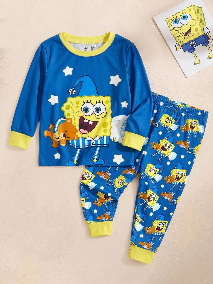 SpongeBob SquarePants | SHEIN 2件套男婴卡通图案圆领长袖上衣和裤子针织舒适休闲弹力睡衣套装 - 藍色 - 查看 1
