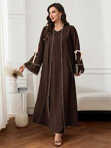 Al Najma Women's Colorblock Trim Lace-Up Abaya - Coffee Brown - View 3