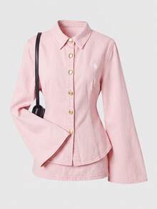SHEIN MOD 女款刺繡喇叭袖單排扣牛仔襯衫 - 粉色 - 查看 7