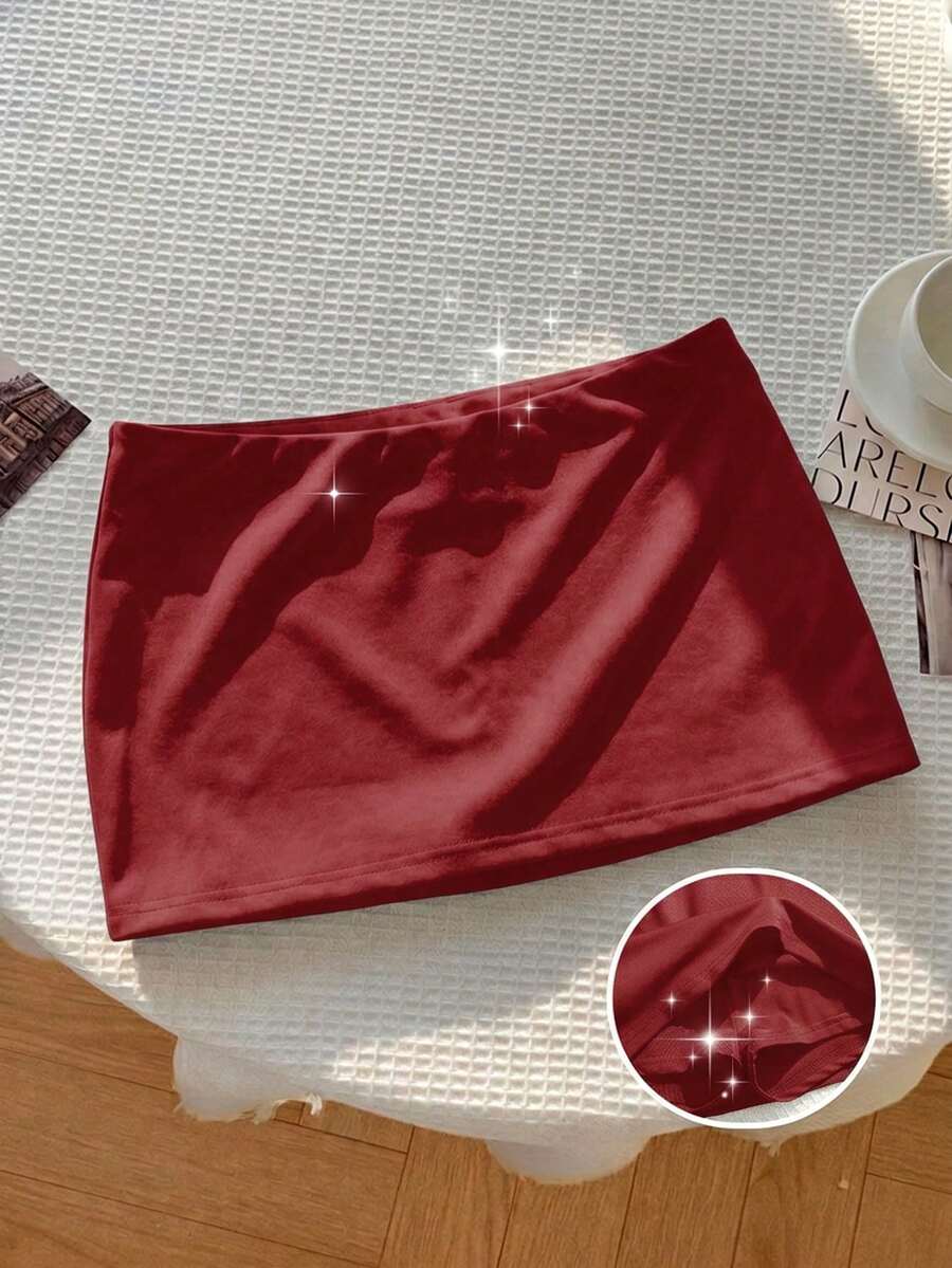 SHEIN 少女酒紅色低腰裙附內建短褲,兒童休閒純色低腰迷你裙,秋冬穿搭 - 酒紅色 - 查看 1