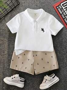 2pcs/Set Baby Boy Cute Casual Versatile Knit POLO Shirt And Anchor Pattern Elastic Waist Shorts Set, Suitable For Birthday Party, Evening Party, Performance, Wedding, Full Moon, Baptism, 1st Birthday Celebration And Baby Shower - White - View 1