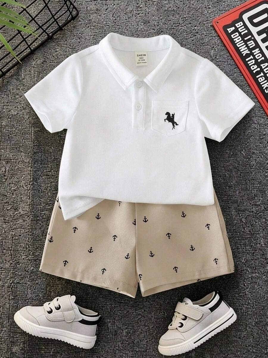 2pcs/Set Baby Boy Cute Casual Versatile Knit POLO Shirt And Anchor Pattern Elastic Waist Shorts Set, Suitable For Birthday Party, Evening Party, Performance, Wedding, Full Moon, Baptism, 1st Birthday Celebration And Baby Shower - White - View 1