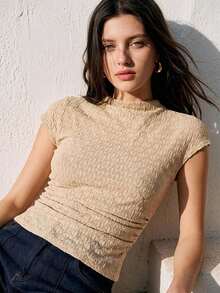 BizChic Apricot T-Shirt With Shoulder Sleeves And Diamond Pattern, Office Commute Business - Apricot - View 2