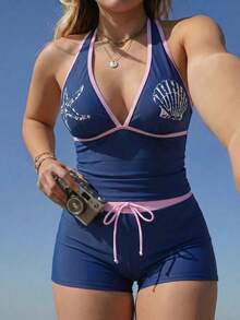 Swim Mod Plus Size 2-Piece Tank Bikini Set, Starfish & Shell Print, Contrast Trim, Deep V-Neck, Adjustable Shoulder Straps, Hipster Bottoms, Vacation Beachwear, Party Pool Attire - Blue - View 1