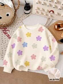 奶油白可愛甜美刺繡花卉圖案女款休閒簡約加厚柔軟舒適圓領套頭運動衫，適合秋冬日常穿著，秋季氛圍，冬季時尚，南瓜季，萬聖節 - 彩色 - 查看 5