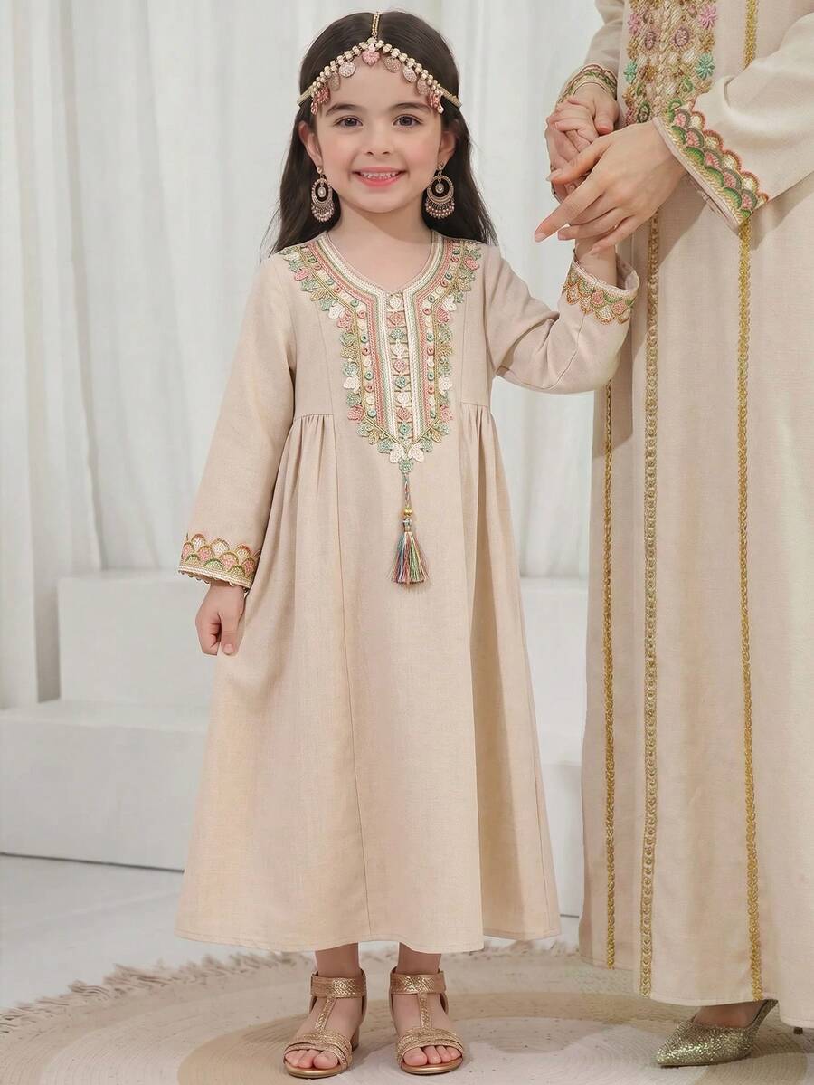 SHEIN Young Girl Woven Round Neck Patchwork Ribbon Loose Casual Dress, Young Girl Floral Young Girls Jalabiya, Elegant Vintage Floral Embroidered Print Midi Dress, Young Girl Casual Minimalist Traditional Long Sleeve Arabian Dress Suitable For Spring/Summer, Festival Style Matching Family Vacation, / Young Girl Elegant Modest Long Sleeve Dress, Prayer Abaya, Easy Comfort, Casual Wear, Vacay Vibes, Modest Kaftan, Young Girls Jalabiya, Girl Jalabiya, Apricot Dress, Mommy & Sisters & Me - Apricot - View 1