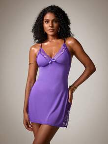 DreamPoppy 1pc Sexy Lace Trim Milk Silk Nightgown Sleepwear - Purple - View 3