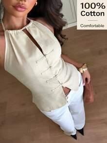 Siren Gaze 100 Cotton Summer Women Chinese-Style Elegant Y2k Vacation Streetwear Vintage Going Out Brunch Casual Frog Button Fitted Halter Neck Daily Top Beige - Apricot - View 1
