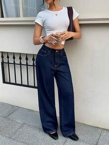 Rivivi 女款高腰鈕扣腰口袋時尚百搭休閒街頭風牛仔褲，海軍藍，夏季日常外出穿搭 - 藍色 - 查看 3