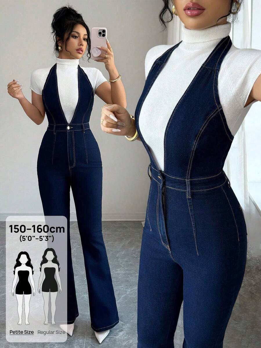 SHEIN PETITE 女款彈性喇叭褲腳優雅通勤牛仔連身褲 - 深色水洗藍 - 查看 1