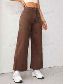 SHEIN ICON 女款大尺碼白色彈性腰直筒牛仔褲，毛邊褲腳 - 棕色 - 查看 3
