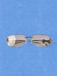Popjeli Y2K Millennium Wind Four-Pointed Star Rivet Frameless Sunglasses, Cold Silver Metal Hollow Thin Temple Light Gray Pieces, Niche Heavy Industry Metal D - Silver - View 6