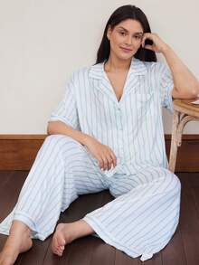 Doze Lane Minimalist Casual Blue & White Striped Collared Short Sleeve Long Pants Women Plus Size Pajama Set - Multicolor - View 3