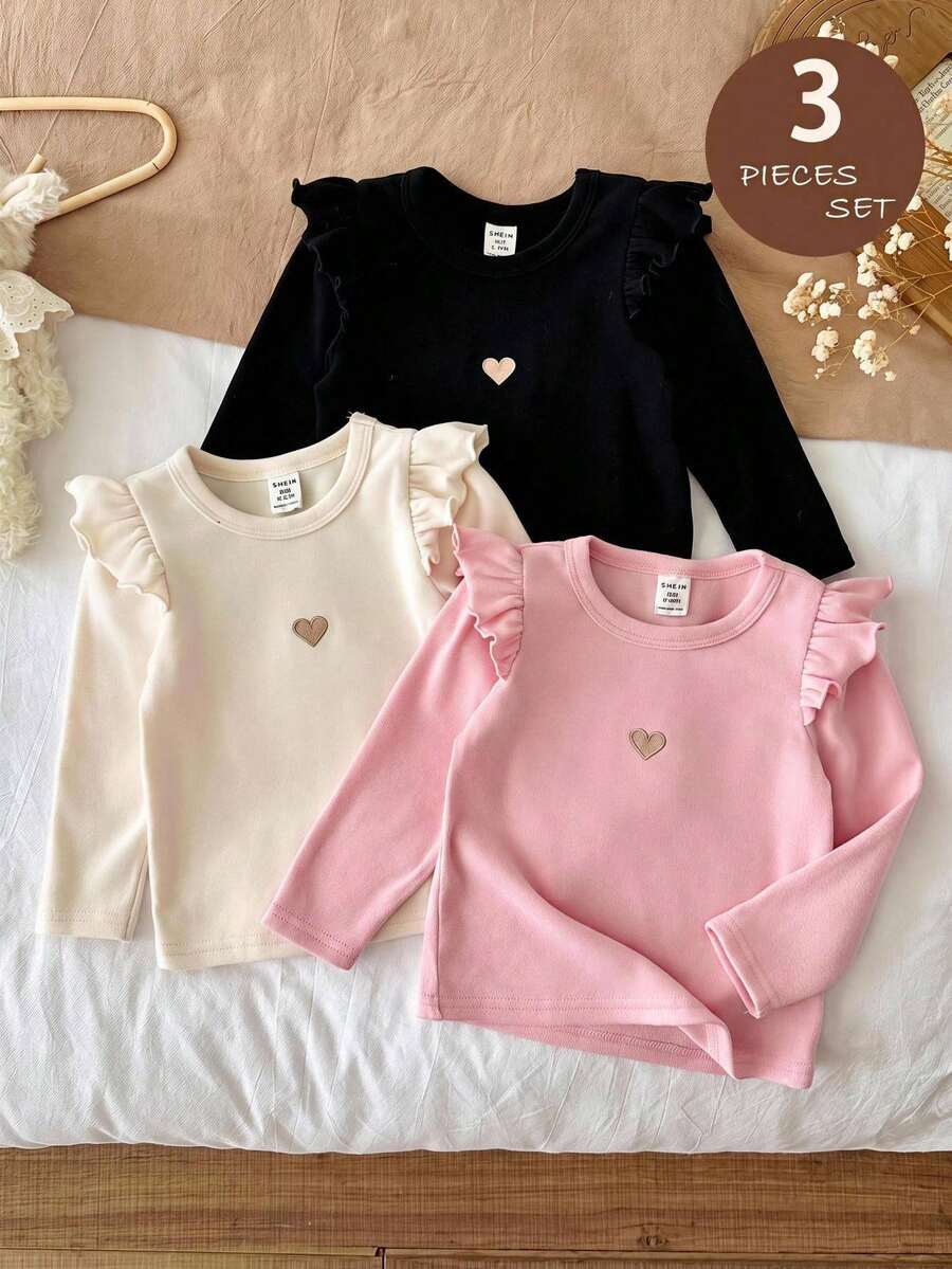 SHEIN Baby Girl Knitted Solid Color Round Neck Ruffle Hem Heart Pattern Casual Top 3pcs Set - Multicolor - View 1